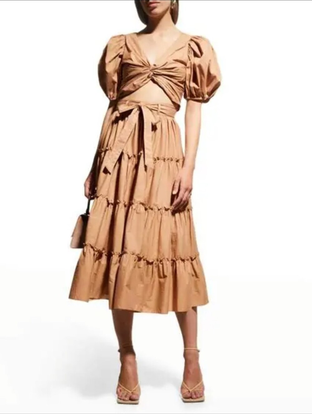 Cinq a Sept Khaki Jackie Tiered Belted Flare Skirt And Puff Sleeve Top